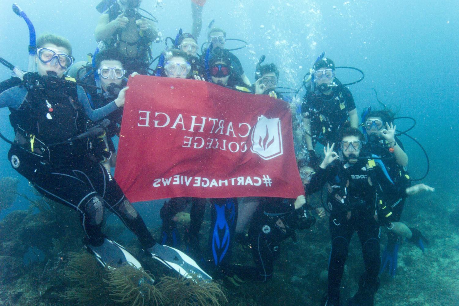 学生们手持<a href='http://gcpn.ngskmc-eis.net'>bv伟德ios下载</a>旗帜，在j学期洪都拉斯游学之旅中潜水.
